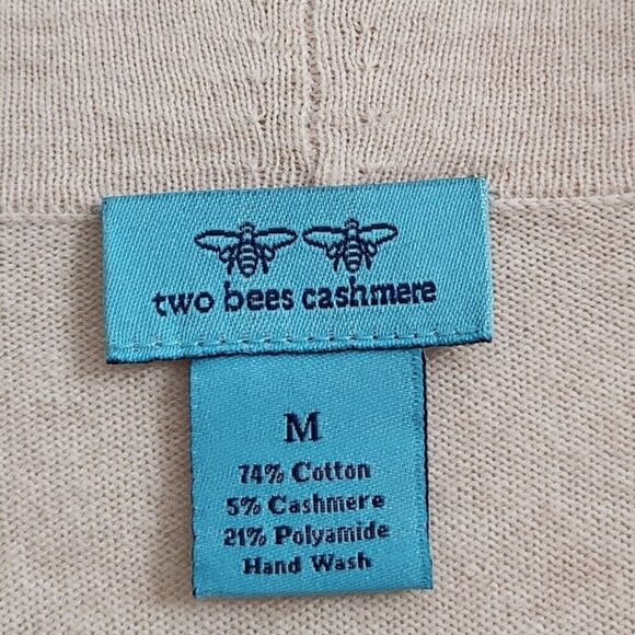 Two Bees Cashmere Cardigan Medium Cream‎ Fur Ball Tassel Edge Open Front Sweater - Picture 2 of 8